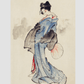 Woman, Full-Length Portrait, Standing, Facing Left, Holding Fan in Right Hand, Wearing Kimono with Check Design by Katsushika Hokusai (1760-1849), a traditional Japanese Ukyio-e style illustration of a Japanese woman in ki