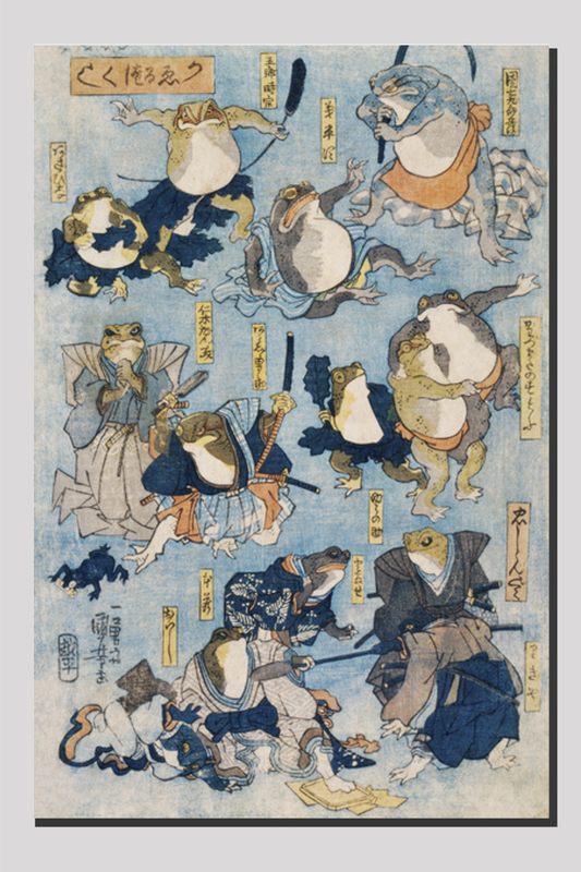 Famous Heroes of the Kabuki Stage Played by Frogs by Utagawa Kuniyoshi (1798-1861), a woodcut illustration of personified frogs in costume acting out scenes from Kabuki plays.