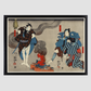 Oyone Magoshichi Taheiji by Utagawa Kuniyoshi (1798-1861), a woodcut diptychs of the traditional Japanese play with three actors, two male with sword, one protecting a woman and one intimidating them. Original from Library