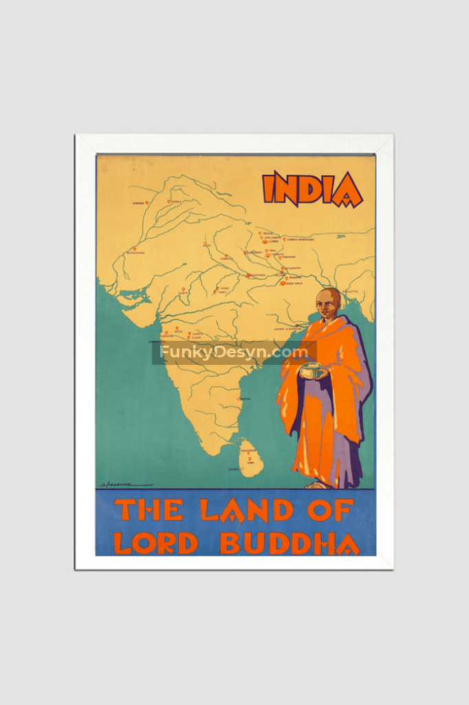 India- The Land Of Lord Buddha 8.3X11.7 Inches/ White Framed Poster Decor