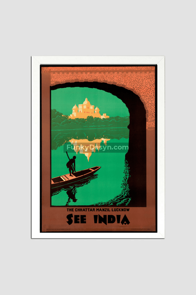 Visit India Vintage Lucknow Travel Poster 8.3X11.7 Inches/ White Framed Decor