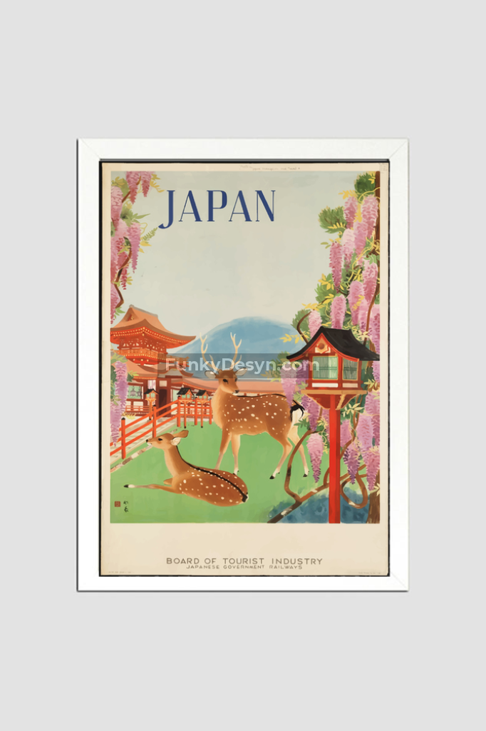 Visit Japan Vintage Travel Poster 8.3X11.7 Inches/ White Framed Decor