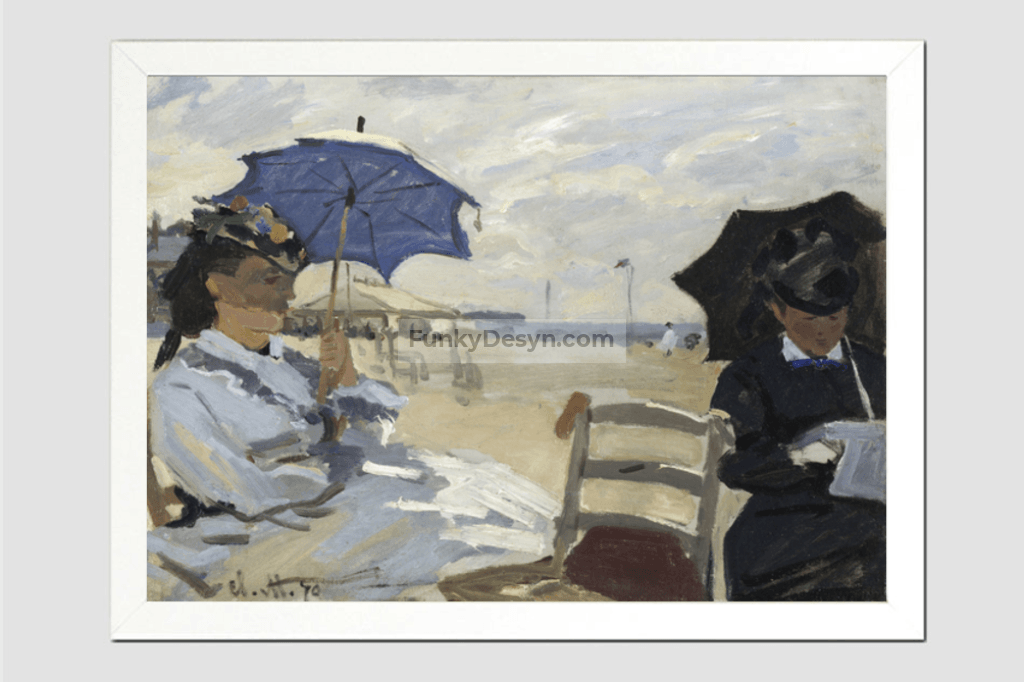 Claude Monets The Beach At Trouville (1870) 11.7X16.54 Inches/ White Framed Poster