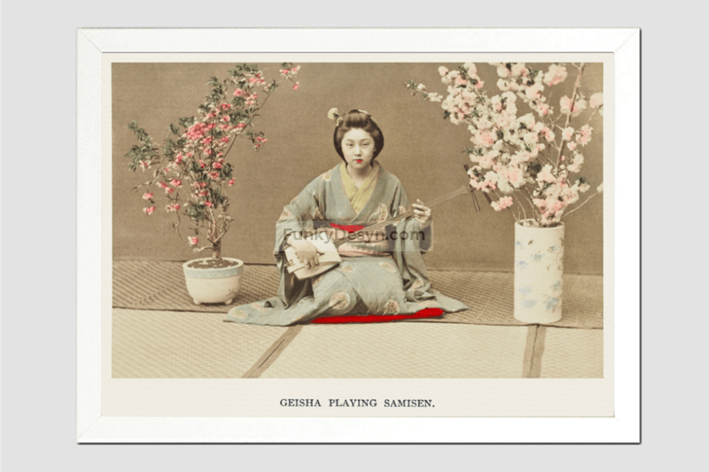 Geisha Playing Samisen, hand–colored albumen silver print from Japan. Described and Illustrated by the Japanese (1897) by Kazumasa Ogawa.