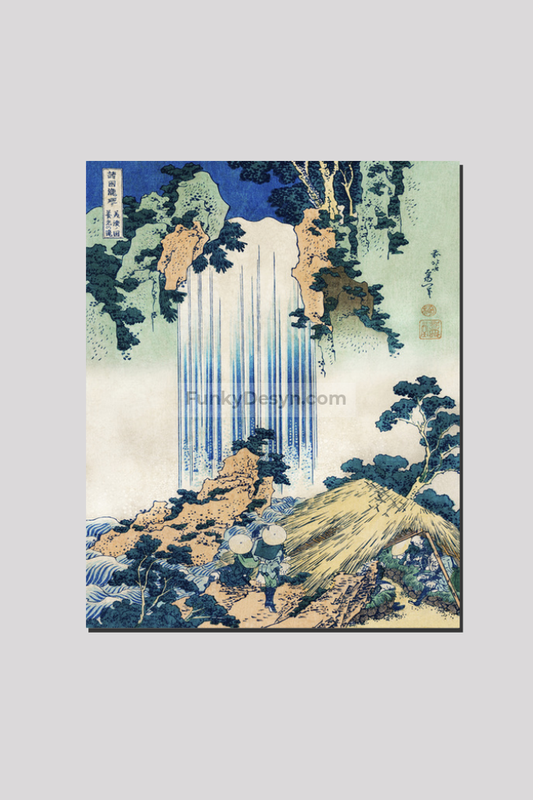 Yoro Waterfall in Mino Province by Katsushika Hokusai (1760-1849) a traditional Japanese Ukyio-e style illustration of two travellers looking at a waterfall and some travelers resting at the side