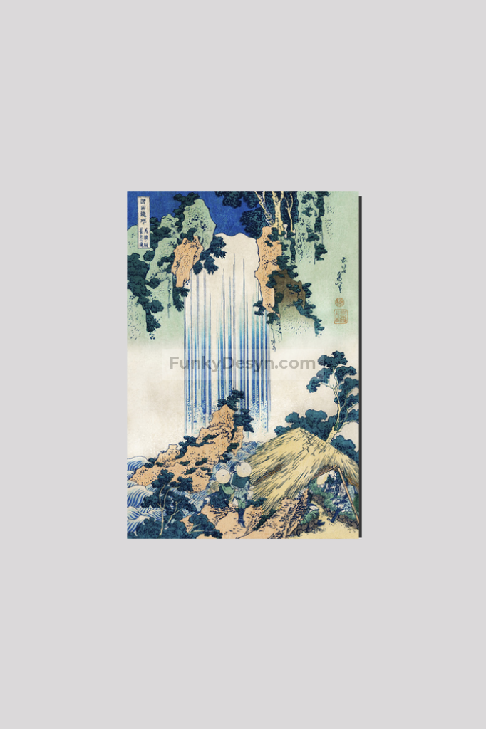 Yoro Waterfall in Mino Province by Katsushika Hokusai (1760-1849) a traditional Japanese Ukyio-e style illustration of two travellers looking at a waterfall and some travelers resting at the side