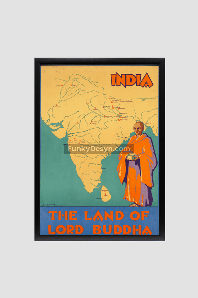 India- The Land Of Lord Buddha 8.3X11.7 Inches/ Black Framed Poster Decor