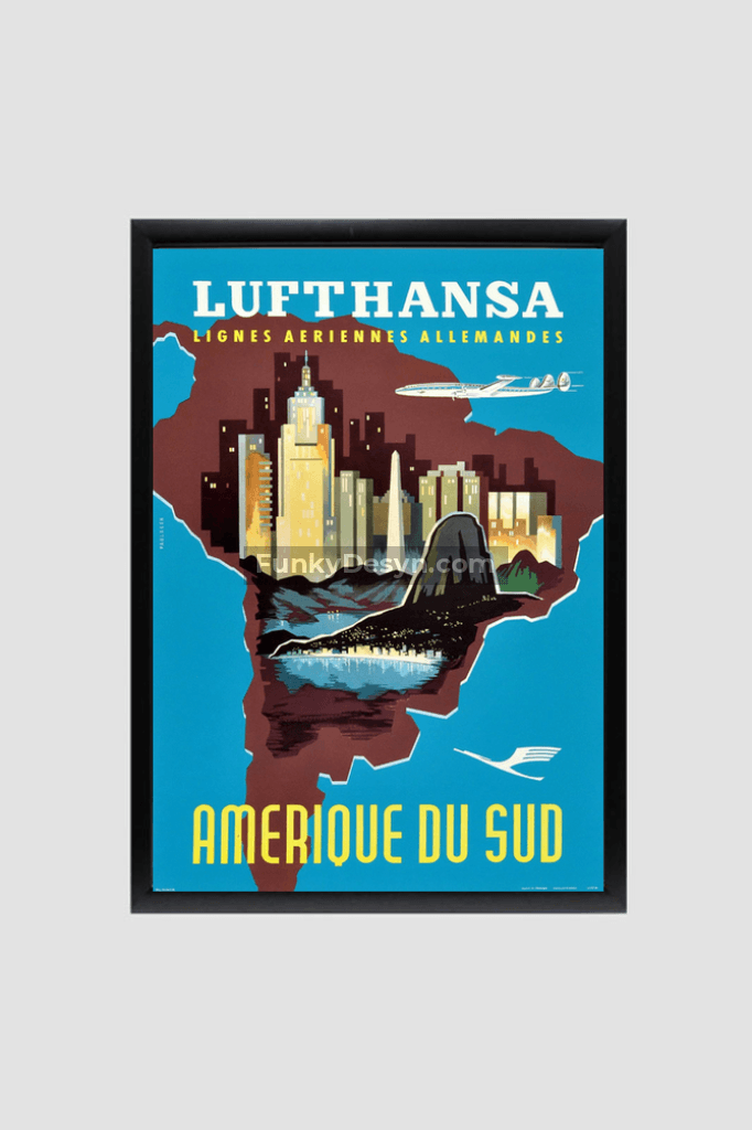 1958 Lufthansa South America Travel Poster 8.3X11.7 Inches/ Black Framed Decor