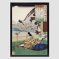 Kakinomoto no Hitomaro by Utagawa Kuniyoshi (1798-1861), a woodcut illustration of an elderly man in traditional Japanese house with a nature view writing a poem