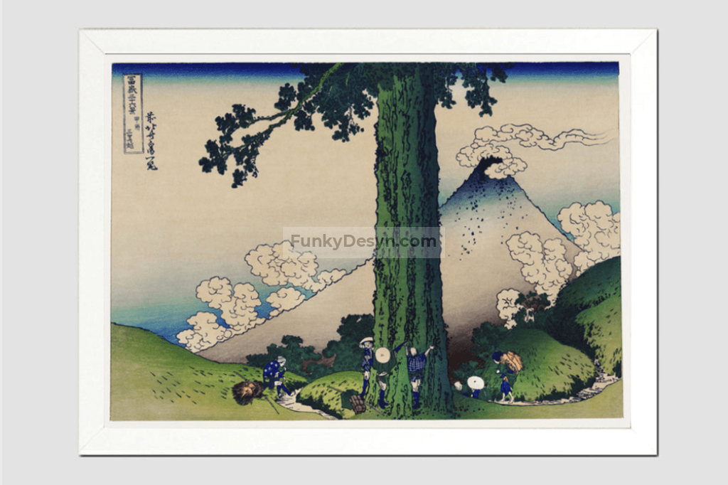 Mishima Pass in Kai Province by Katsushika Hokusai (1760-1849) a traditional Japanese Ukyio-e style illustration of Japanese local famers taking a break by the tree and Mount Fuji in the distance