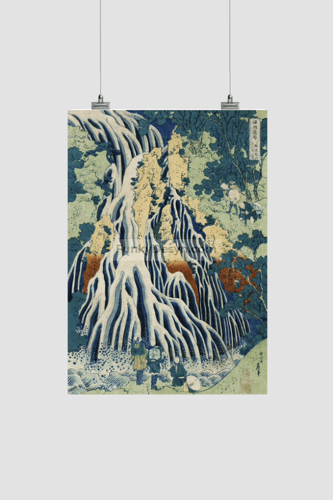 Shimotsuke Kurokami-Yama Kurifuri no Taki by Katsushika Hokusai (1760-1849) a traditional Japanese Ukyio-e style illustration of majestic Kirifuri Falls at Mount Kurokami in Shimosuke and sightseers