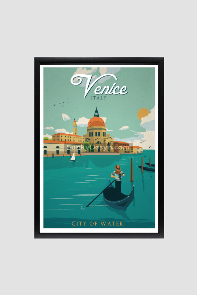 Venice Vintage Travel Poster 8.3X11.7 Inches/ Black Framed Decor