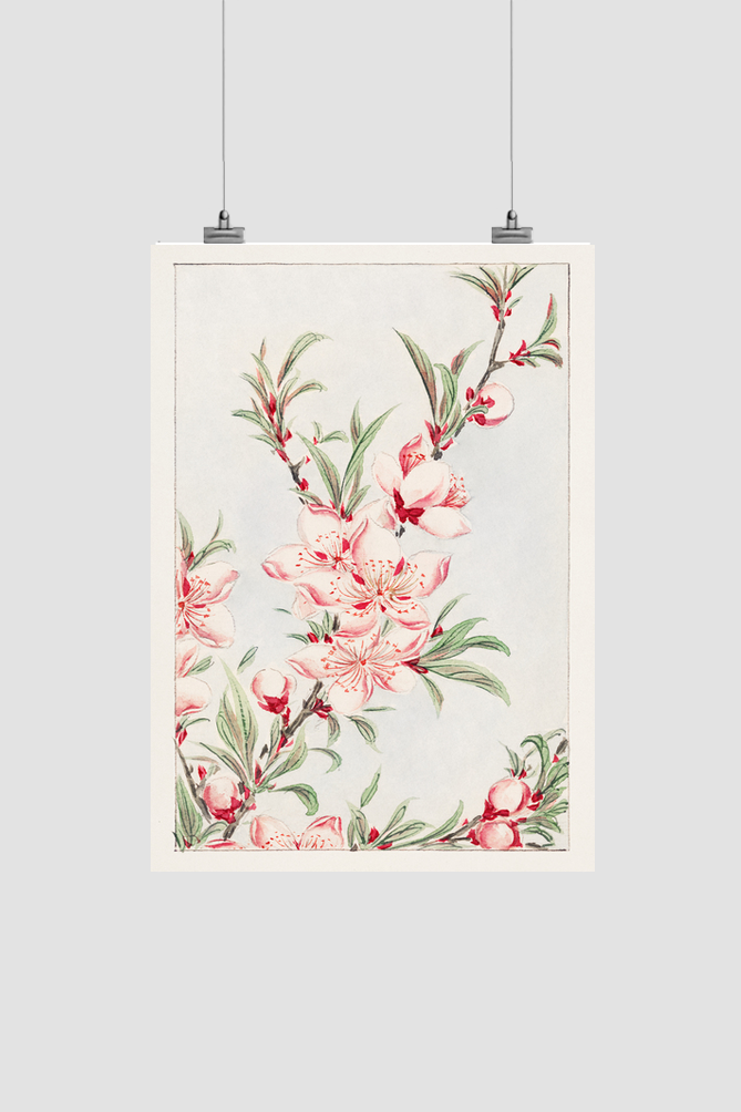 Peach tree branches with leaves and blossoms during 1870–1880 by Megata Morikaga