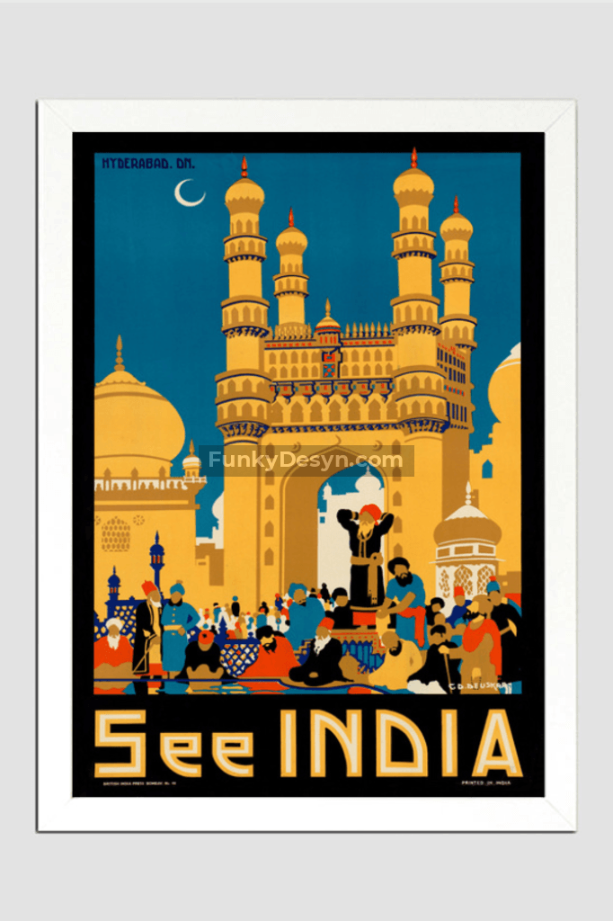 Visit India- Vintage Hyderabad Poster 11.7X16.54 Inches/ White Framed Decor