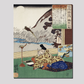 Kakinomoto no Hitomaro by Utagawa Kuniyoshi (1798-1861), a woodcut illustration of an elderly man in traditional Japanese house with a nature view writing a poem