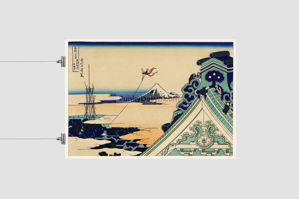 Toto Asakusa Honganji by Katsushika Hokusai (1760-1849), meaning Hongan-ji Temple at Asakusa in the Eastern Capital, a traditional Japanese Ukyio-e style illustration of a traditional temple with a kite flying through the
