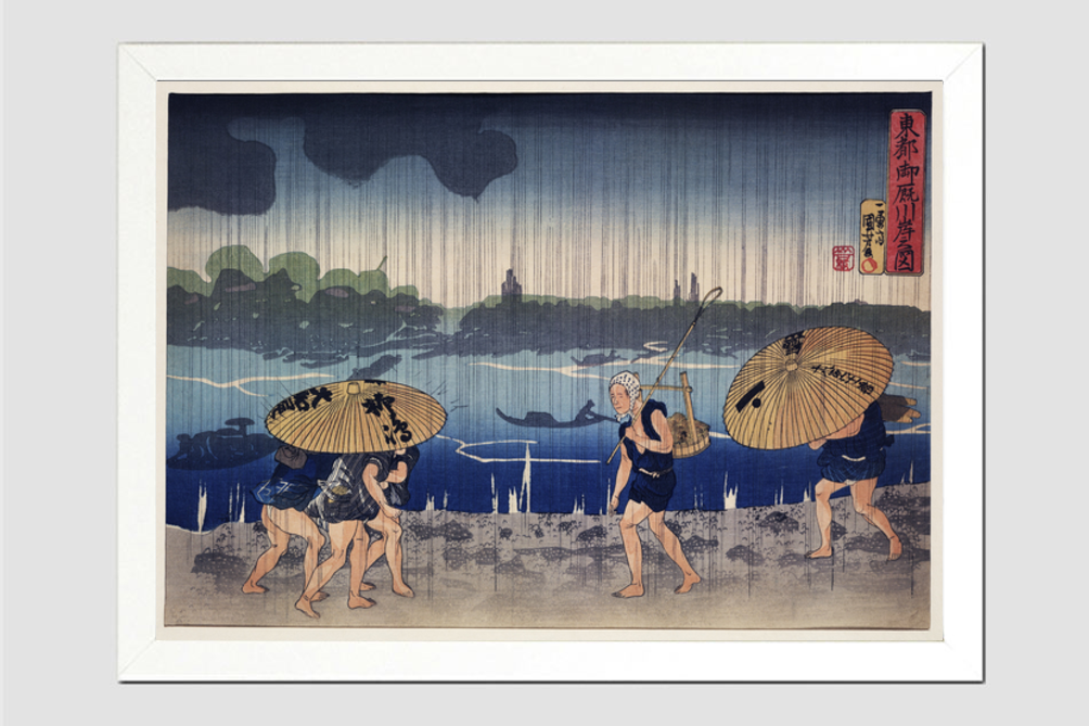 “People Walking Beneath Umbrellas Along the Seashore During a Rainstorm” by Utagawa Kuniyoshi (1798-1861), a woodcut illustrations of rural people traveling while raining.
