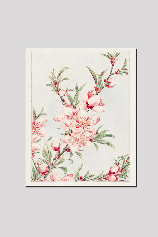 Peach tree branches with leaves and blossoms during 1870–1880 by Megata Morikaga