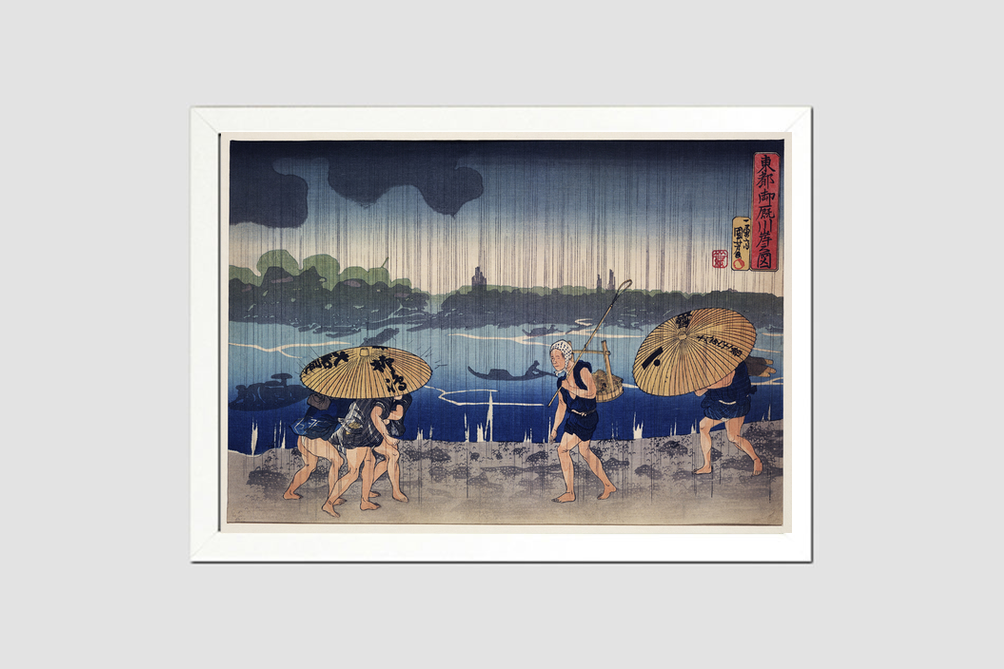 “People Walking Beneath Umbrellas Along the Seashore During a Rainstorm” by Utagawa Kuniyoshi (1798-1861), a woodcut illustrations of rural people traveling while raining.