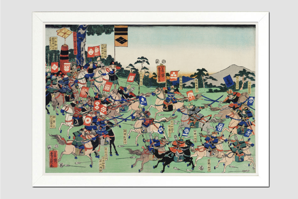 Kawanakajima no Kassen by Utagawa Kuniyoshi (1798-1861), a woodcut diptych of battle at Kawanakajima, showing two armies of cavalry in a battle with swordsmen and archers on horseback