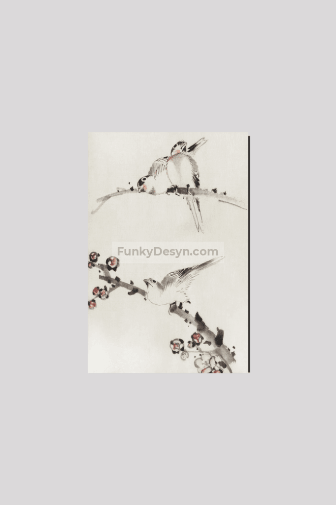 Three Birds Perched on Branches, One with Blossoms by Katsushika Hokusai