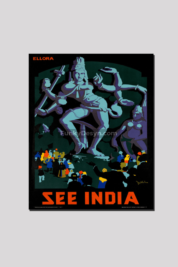 See India Ellora - Vintage Travel Poster 16X20 Inches/ Wrapped Canvas Decor