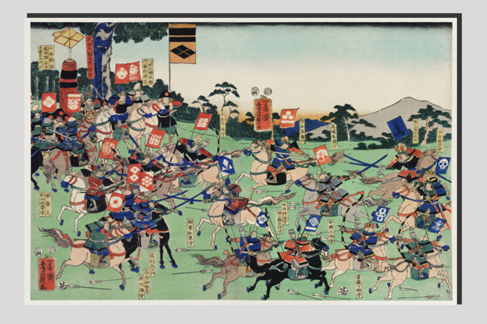 Kawanakajima no Kassen by Utagawa Kuniyoshi (1798-1861), a woodcut diptych of battle at Kawanakajima, showing two armies of cavalry in a battle with swordsmen and archers on horseback