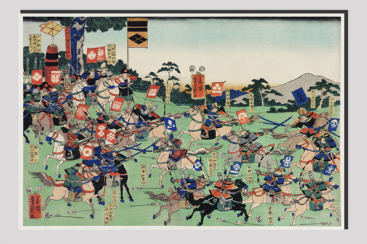 Kawanakajima no Kassen by Utagawa Kuniyoshi (1798-1861), a woodcut diptych of battle at Kawanakajima, showing two armies of cavalry in a battle with swordsmen and archers on horseback