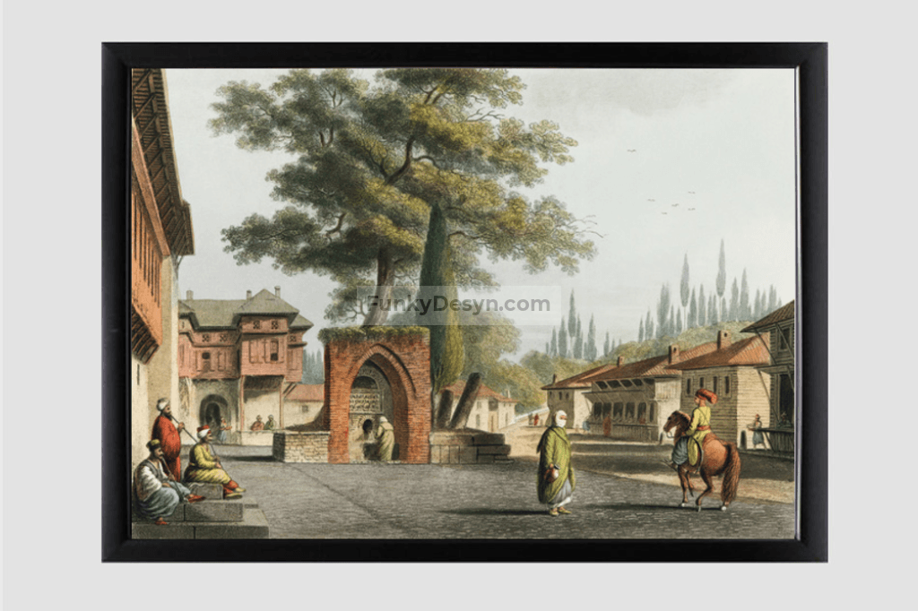 Caravansary at Kustchiuk Czemege from Views in the Ottoman Dominions, in Europe, in Asia, and some of the Mediterranean islands (1810)  by Luigi Mayer (1755-1803).