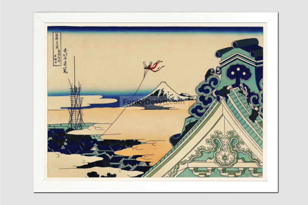 Toto Asakusa Honganji by Katsushika Hokusai (1760-1849), meaning Hongan-ji Temple at Asakusa in the Eastern Capital, a traditional Japanese Ukyio-e style illustration of a traditional temple with a kite flying through the