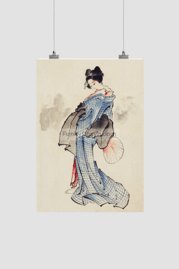 Woman, Full-Length Portrait, Standing, Facing Left, Holding Fan in Right Hand, Wearing Kimono with Check Design by Katsushika Hokusai (1760-1849), a traditional Japanese Ukyio-e style illustration of a Japanese woman in ki