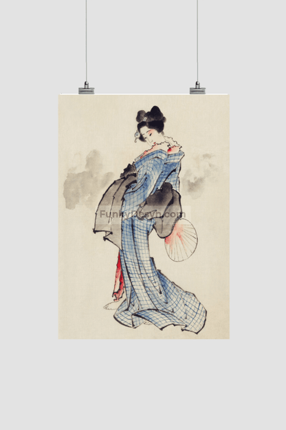 Woman, Full-Length Portrait, Standing, Facing Left, Holding Fan in Right Hand, Wearing Kimono with Check Design by Katsushika Hokusai (1760-1849), a traditional Japanese Ukyio-e style illustration of a Japanese woman in ki