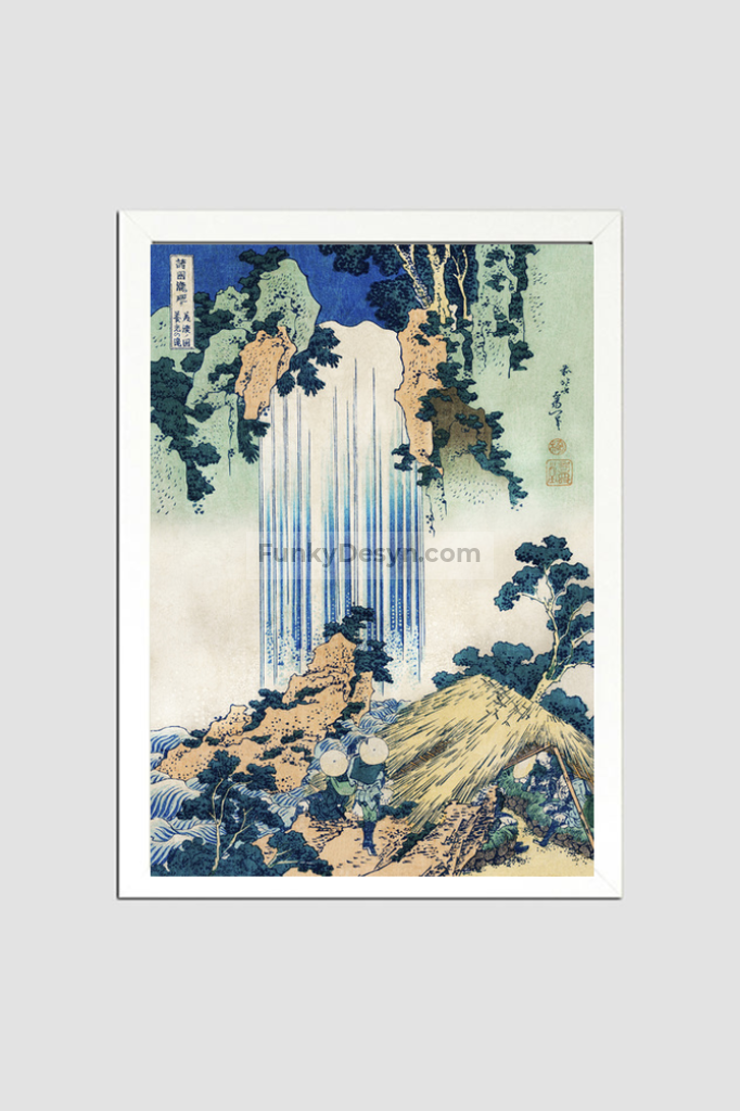 Yoro Waterfall in Mino Province by Katsushika Hokusai (1760-1849) a traditional Japanese Ukyio-e style illustration of two travellers looking at a waterfall and some travelers resting at the side