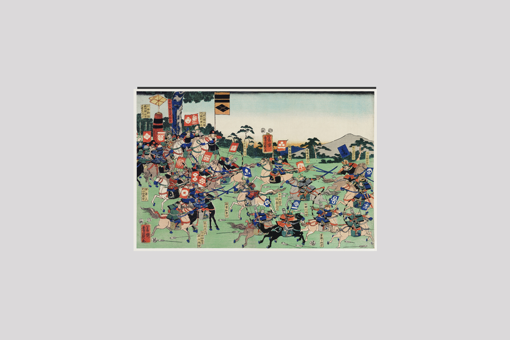 Kawanakajima no Kassen by Utagawa Kuniyoshi (1798-1861), a woodcut diptych of battle at Kawanakajima, showing two armies of cavalry in a battle with swordsmen and archers on horseback