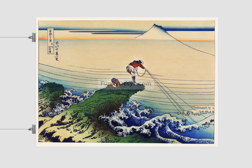 Koshu Kajikazawa by Katsushika Hokusai (1760-1849) a traditional Japanese Ukyio-e style illustration of a fisherman inland fishing with Mount Fuji in the background
