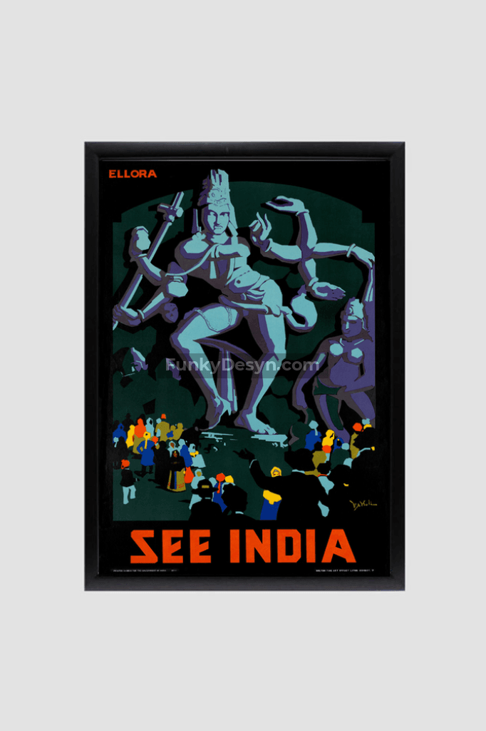 See India Ellora - Vintage Travel Poster 8.3X11.7 Inches/ Black Framed Decor