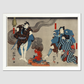 Oyone Magoshichi Taheiji by Utagawa Kuniyoshi (1798-1861), a woodcut diptychs of the traditional Japanese play with three actors, two male with sword, one protecting a woman and one intimidating them. Original from Library