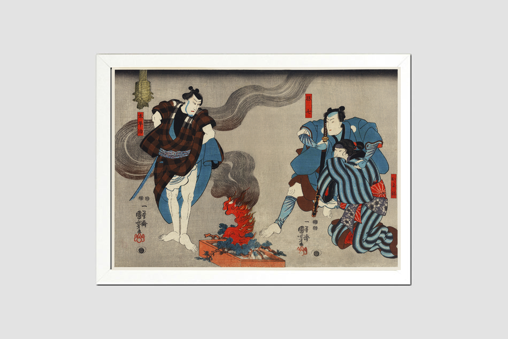 Oyone Magoshichi Taheiji by Utagawa Kuniyoshi (1798-1861), a woodcut diptychs of the traditional Japanese play with three actors, two male with sword, one protecting a woman and one intimidating them. Original from Library