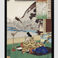 Kakinomoto no Hitomaro by Utagawa Kuniyoshi (1798-1861), a woodcut illustration of an elderly man in traditional Japanese house with a nature view writing a poem