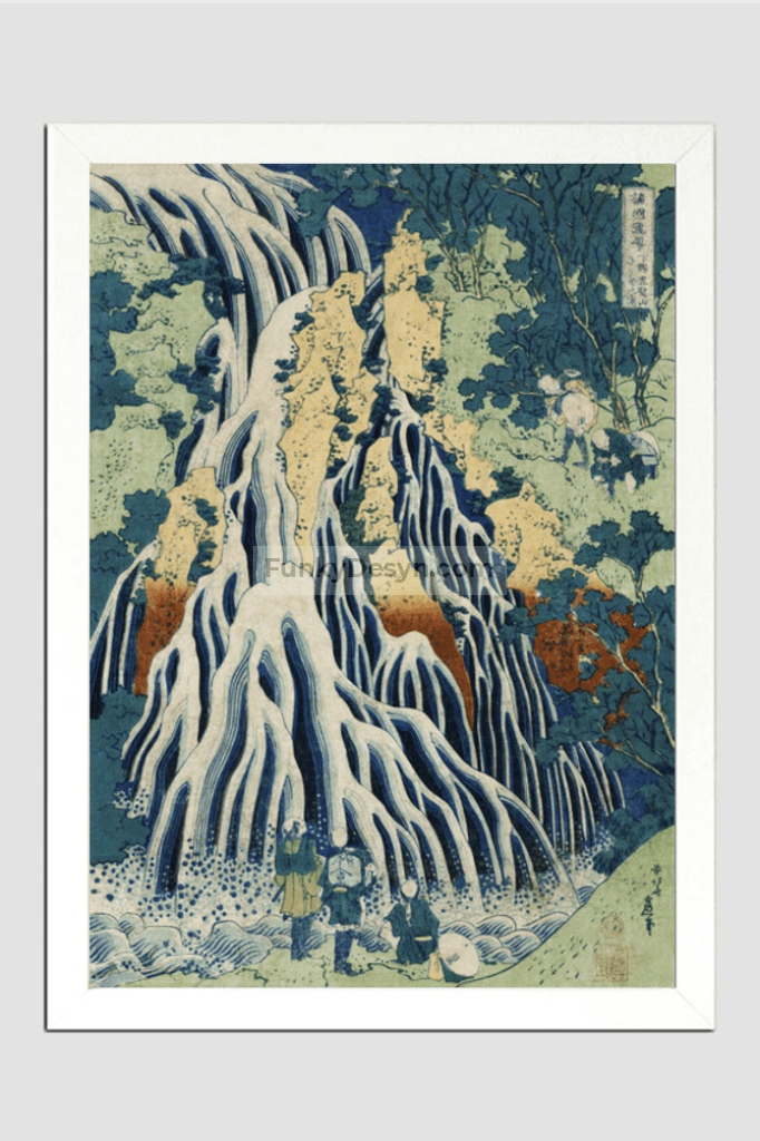 Shimotsuke Kurokami-Yama Kurifuri no Taki by Katsushika Hokusai (1760-1849) a traditional Japanese Ukyio-e style illustration of majestic Kirifuri Falls at Mount Kurokami in Shimosuke and sightseers