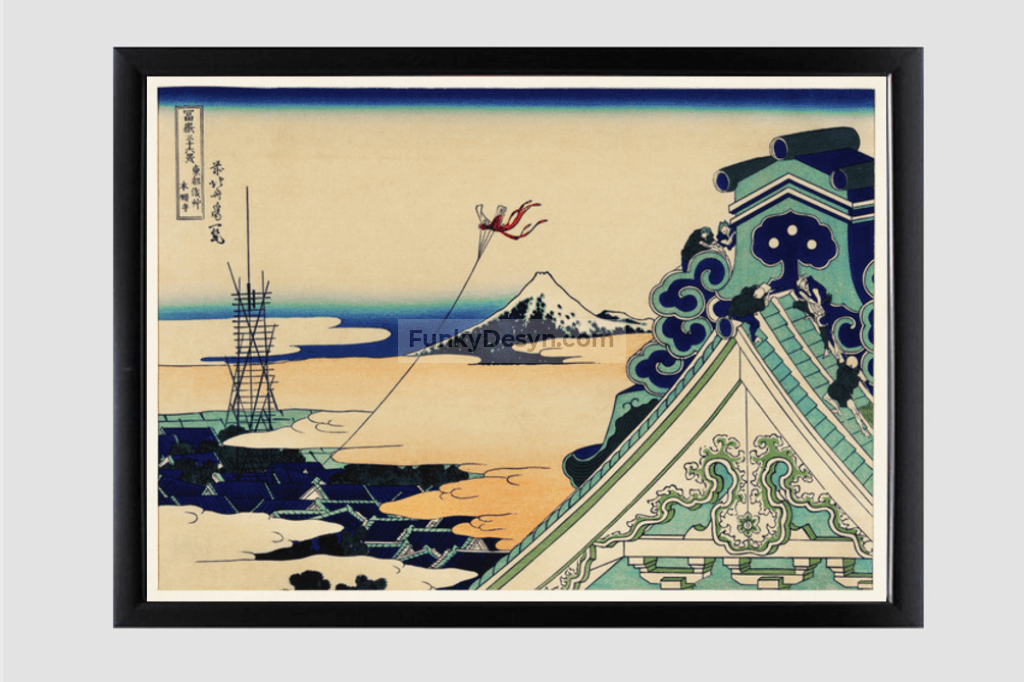 Toto Asakusa Honganji by Katsushika Hokusai (1760-1849), meaning Hongan-ji Temple at Asakusa in the Eastern Capital, a traditional Japanese Ukyio-e style illustration of a traditional temple with a kite flying through the