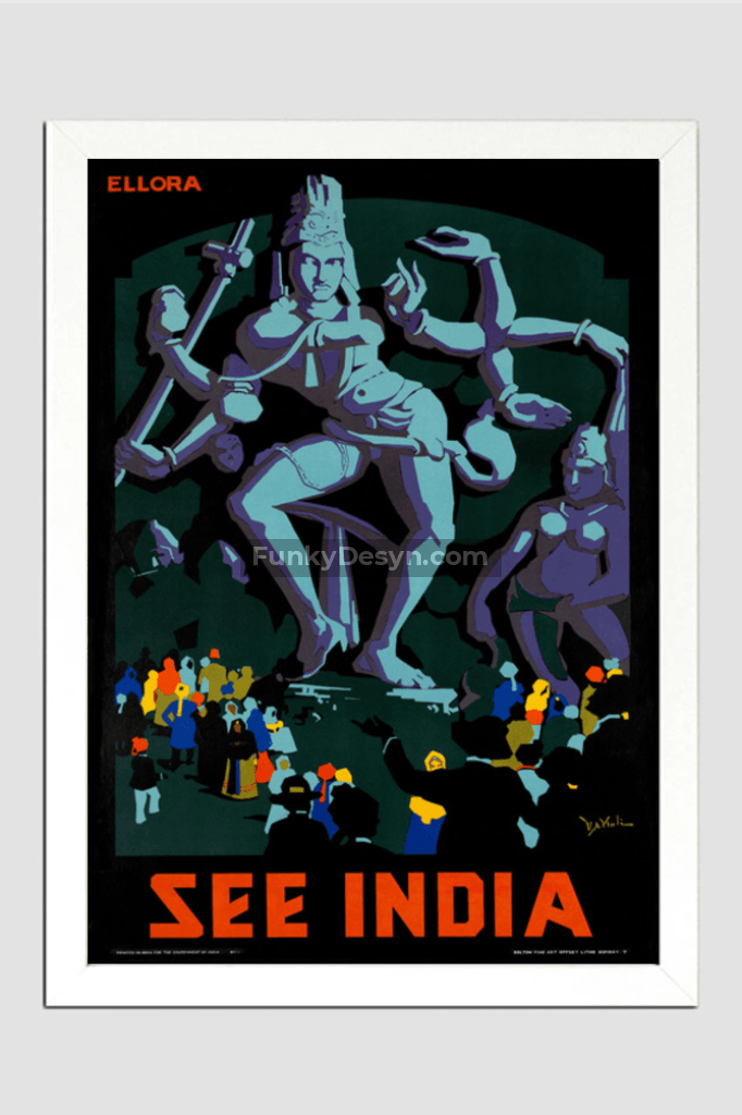 See India Ellora - Vintage Travel Poster 11.7X16.54 Inches/ White Framed Decor