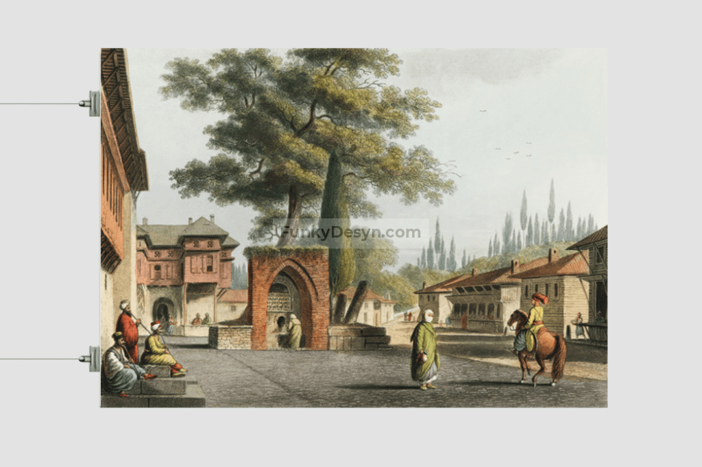 Caravansary at Kustchiuk Czemege from Views in the Ottoman Dominions, in Europe, in Asia, and some of the Mediterranean islands (1810)  by Luigi Mayer (1755-1803).