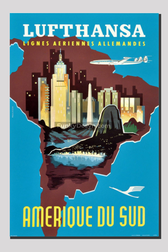 1958 Lufthansa South America Travel Poster 20X30 Inches/ Wrapped Canvas Decor