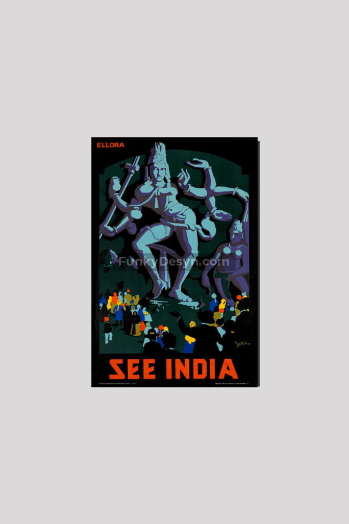 See India Ellora - Vintage Travel Poster 8X12 Inches/ Wrapped Canvas Decor