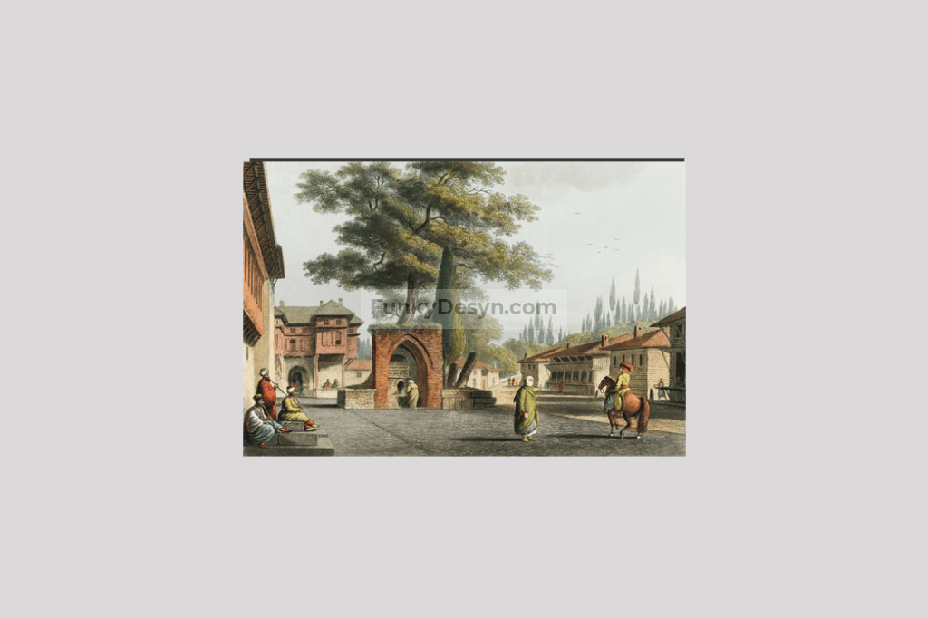 Caravansary at Kustchiuk Czemege from Views in the Ottoman Dominions, in Europe, in Asia, and some of the Mediterranean islands (1810)  by Luigi Mayer (1755-1803).
