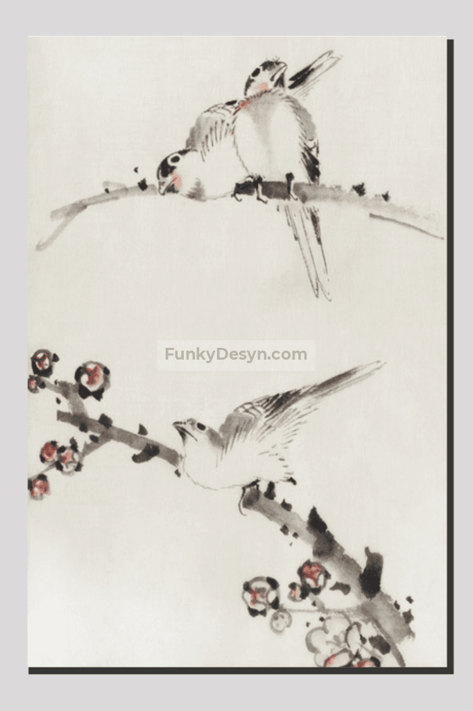 Three Birds Perched on Branches, One with Blossoms by Katsushika Hokusai