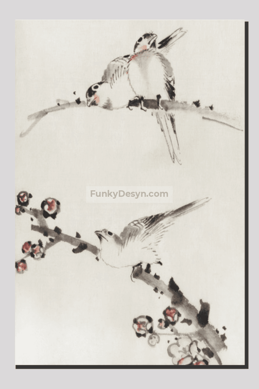 Three Birds Perched on Branches, One with Blossoms by Katsushika Hokusai