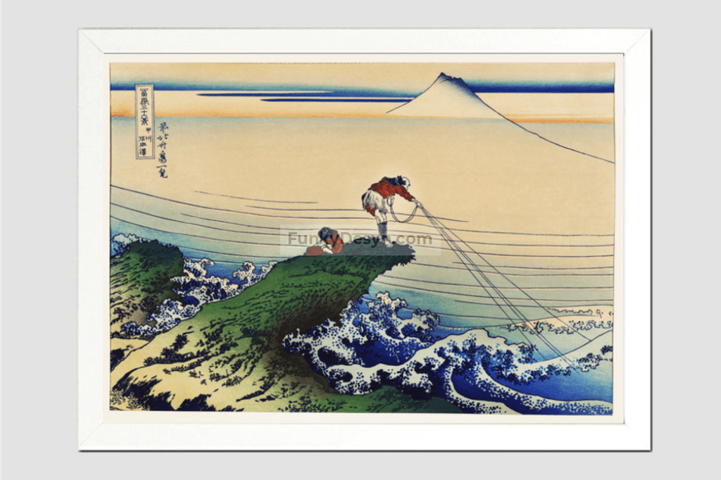 Koshu Kajikazawa by Katsushika Hokusai (1760-1849) a traditional Japanese Ukyio-e style illustration of a fisherman inland fishing with Mount Fuji in the background