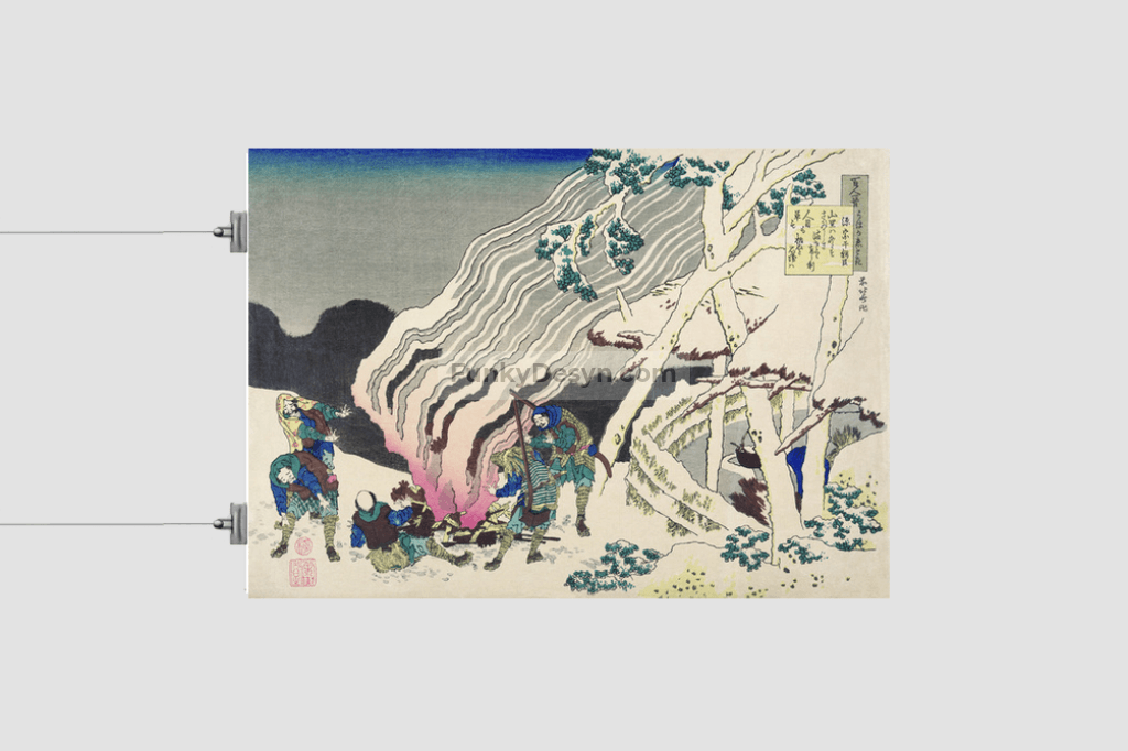 Minamoto no Muneyuki Ason by Katsushika Hokusai (1760-1849) a traditional Japanese Ukyio-e style illustration and poem of courtier warming themselves near the fire in the wintry night